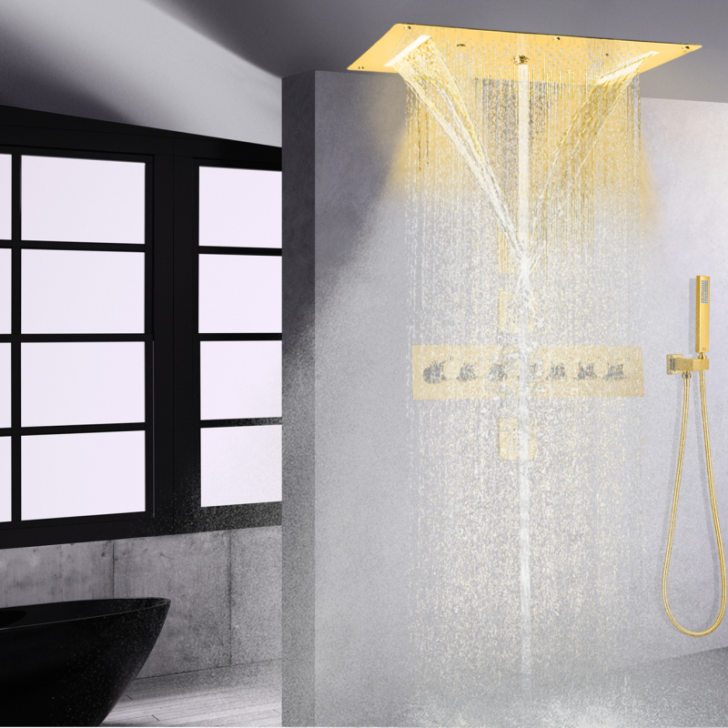 Termostático dorado pulido, 700X380 MM, lujoso sistema de ducha de techo LED, mezclador de ducha de cascada con mango