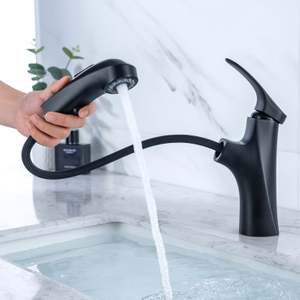 Grifo de lavabo de baño contemporáneo, manija única, negro mate, cabezal doble con funciones de agua