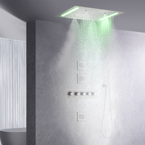 Sistema de ducha termostático de níquel cepillado, grifo de baño LED de 14 X 20 pulgadas, ducha de niebla, lluvia