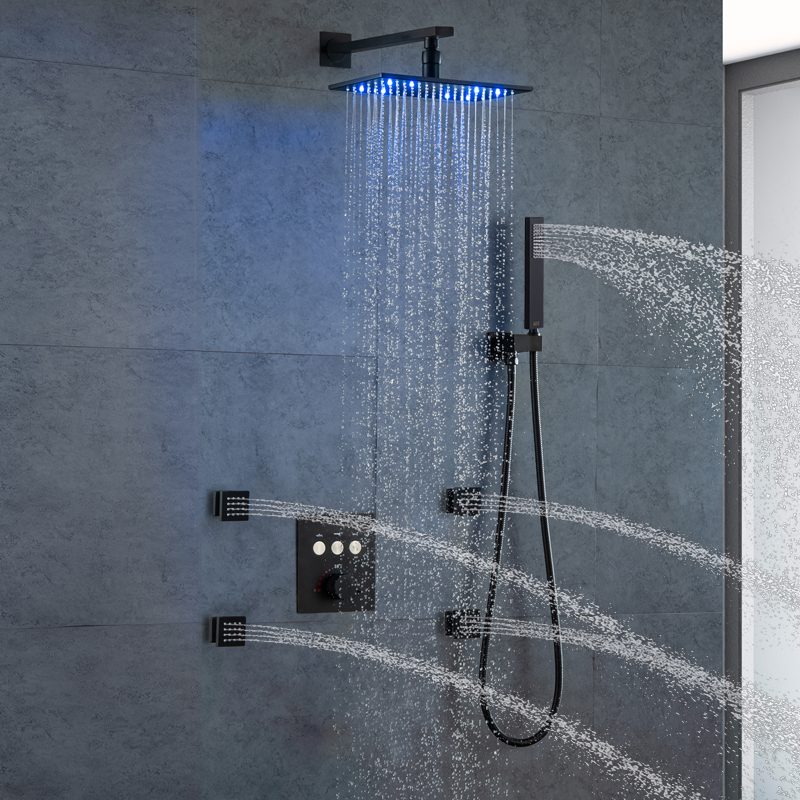 Juego de grifo de ducha negro montado en la pared Válvula mezcladora de ducha termostática cabezal de ducha tipo lluvia LED de 8 x 12 pulgadas