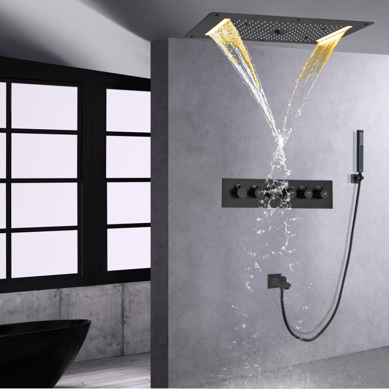 Juego de grifería termostática para bañera y ducha, color negro mate, para techo, baño, cascada, rociador, burbuja, lluvia, cabezal de ducha LED con mano