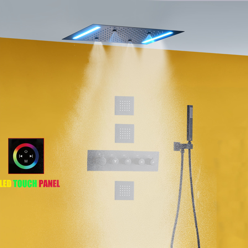 Juego de ducha de lluvia negro mate, grifo termostático de moda con cabezal de ducha LED de lluvia y techo grande de 14X20 pulgadas