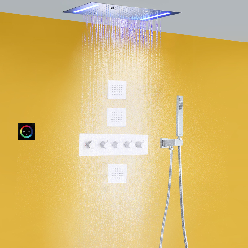 Sistema termostático de ducha de lluvia cromado, ducha de niebla LED de lujo para baño de 14 x 20 pulgadas