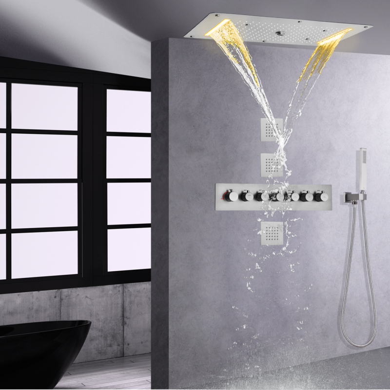 Cabezal de ducha LED de níquel cepillado de 700x380 MM con sistema de ducha termostático con pulverizador de mano para Baño
