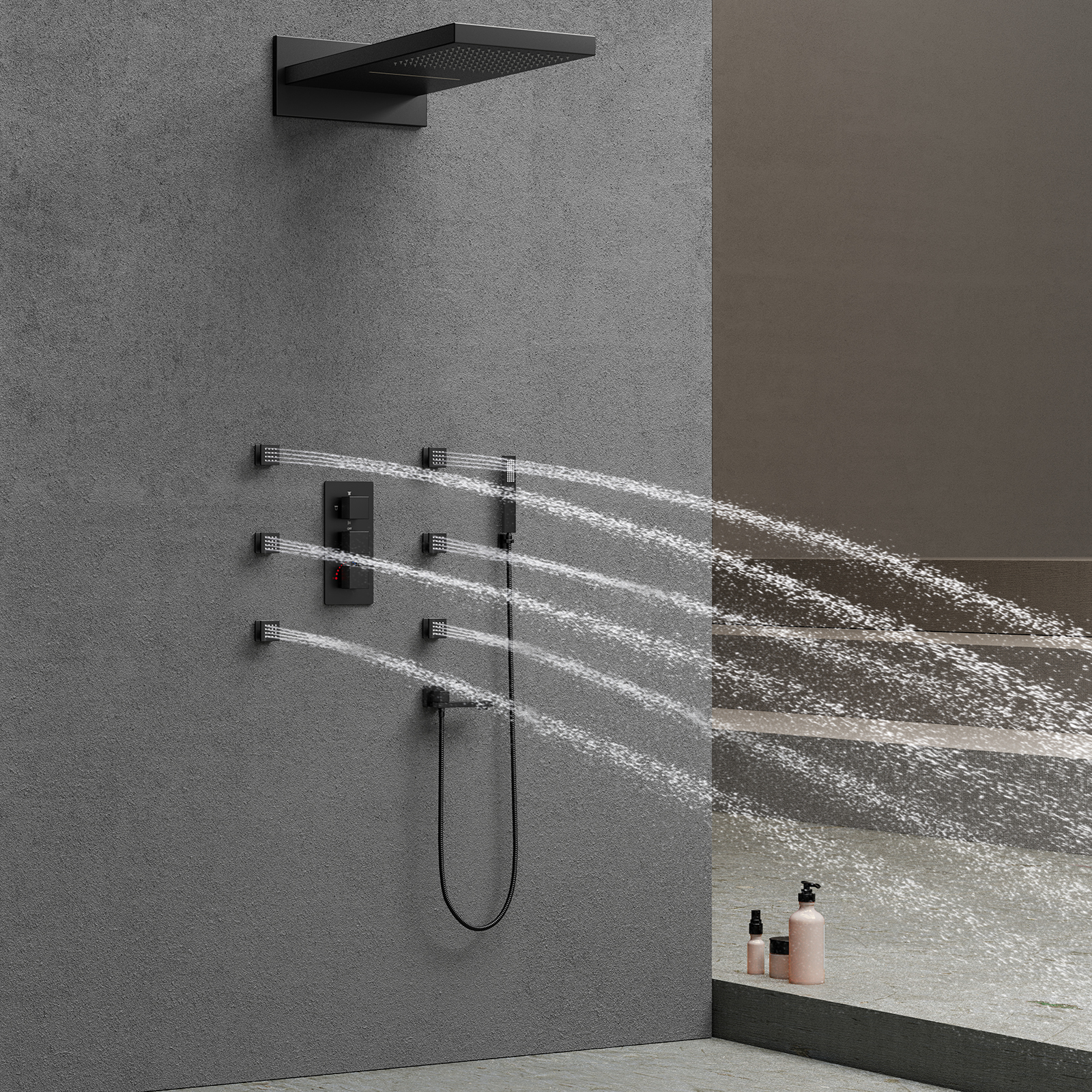 Juego de cabezal de ducha negro, medidor de lluvia, grifo de latón montado en la pared para baño, sistema de grifo de ducha en cascada para bañera