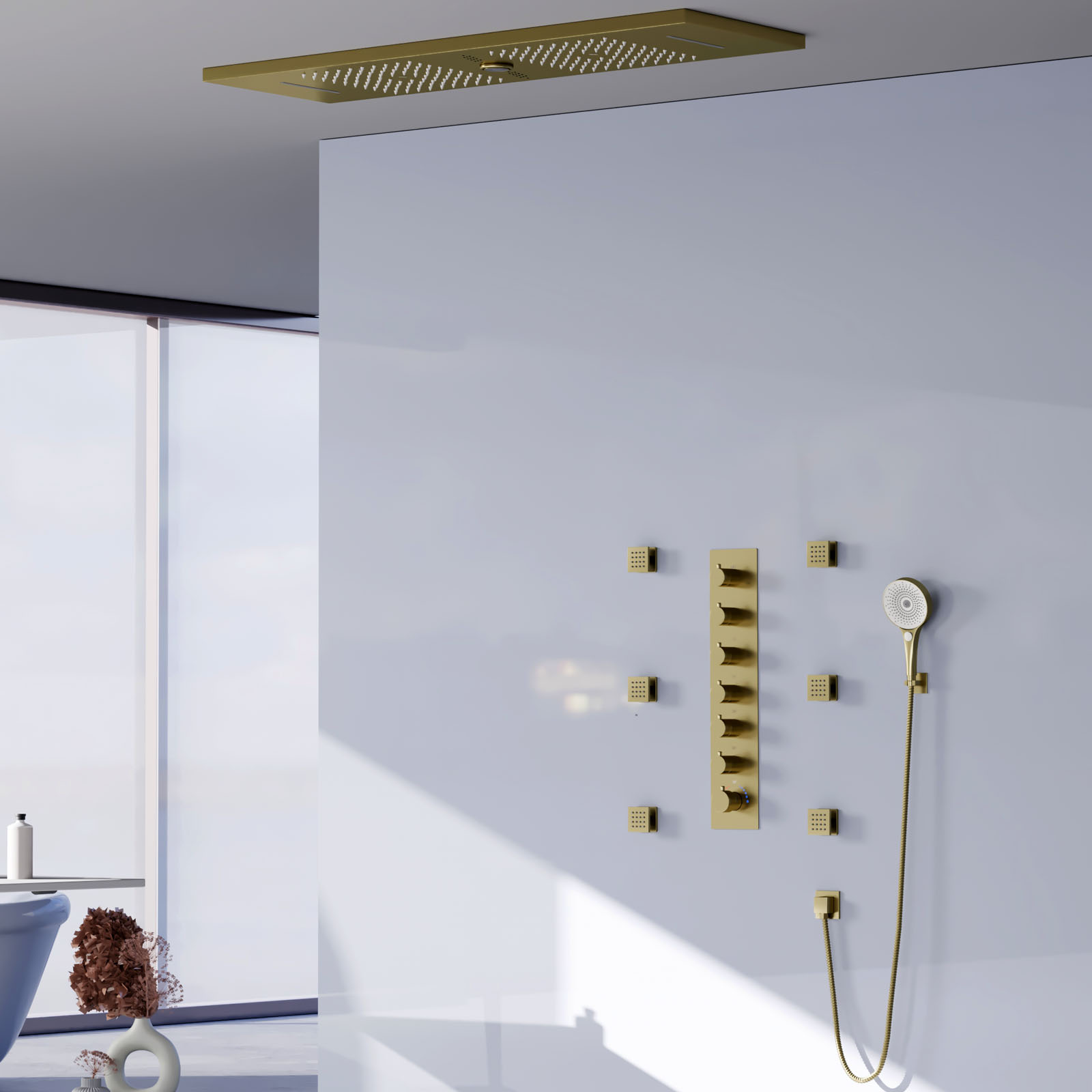 Sistema de cabezal de ducha de Oro pulido LED para baño, sistema de cascada de ducha de lluvia, juego de grifo de ducha termostático