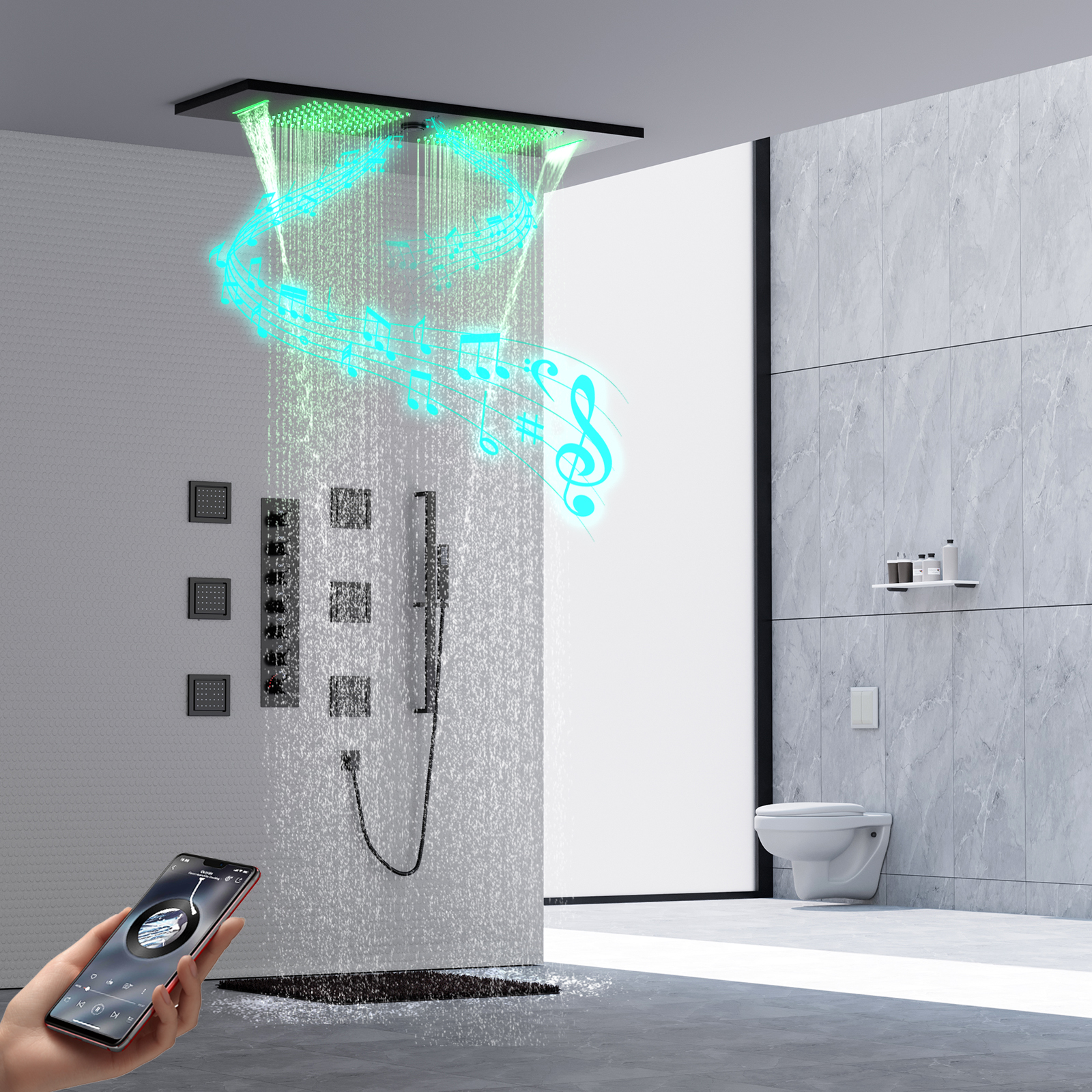 Juego de ducha LED, cabezal de ducha empotrado de lluvia y cascada con altavoz musical, Grifo y válvula de ducha de baño