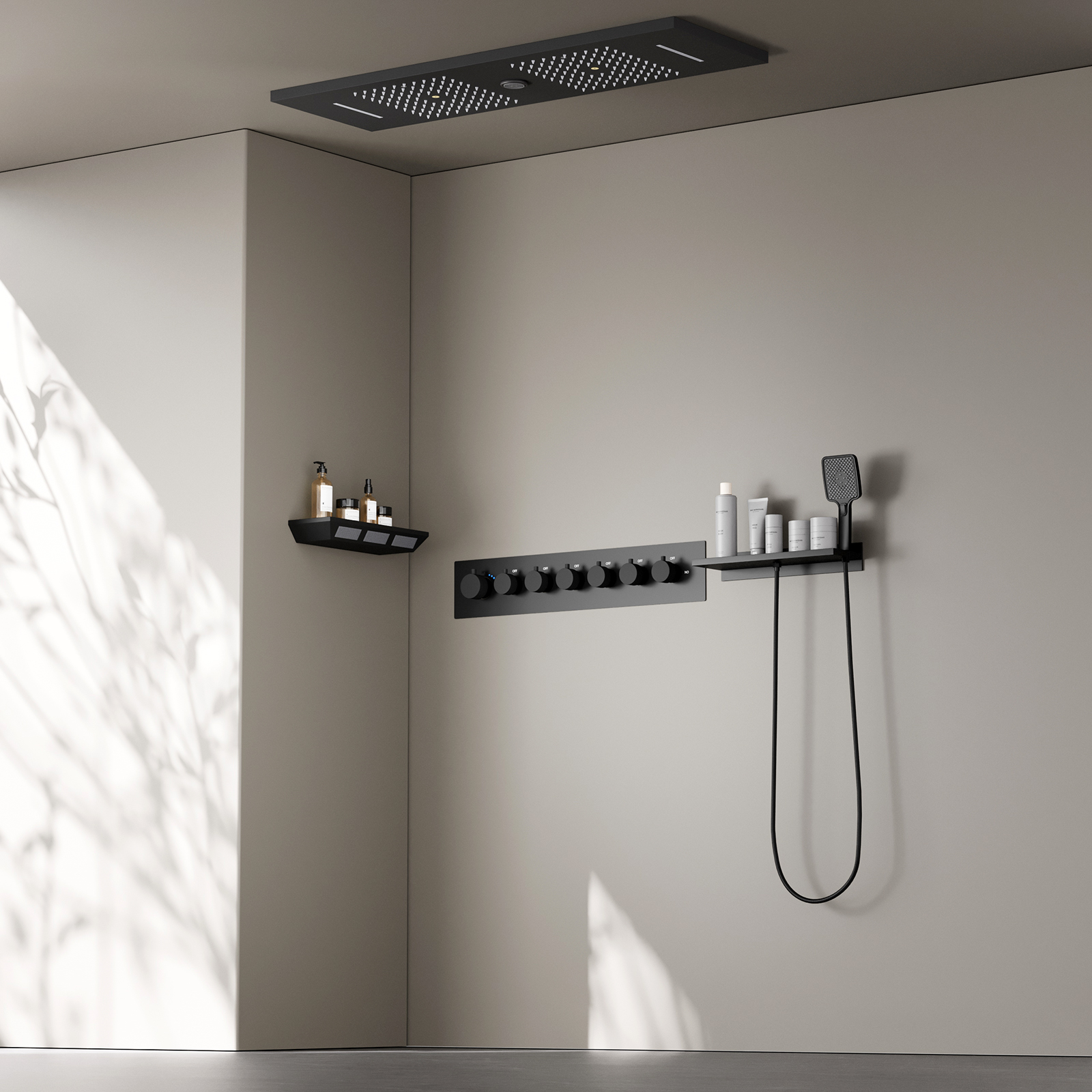 Grifo y válvula de ducha con rociador superior de ducha de lluvia de alta presión con música de latón cuadrado con luz LED de 90x30Cm
