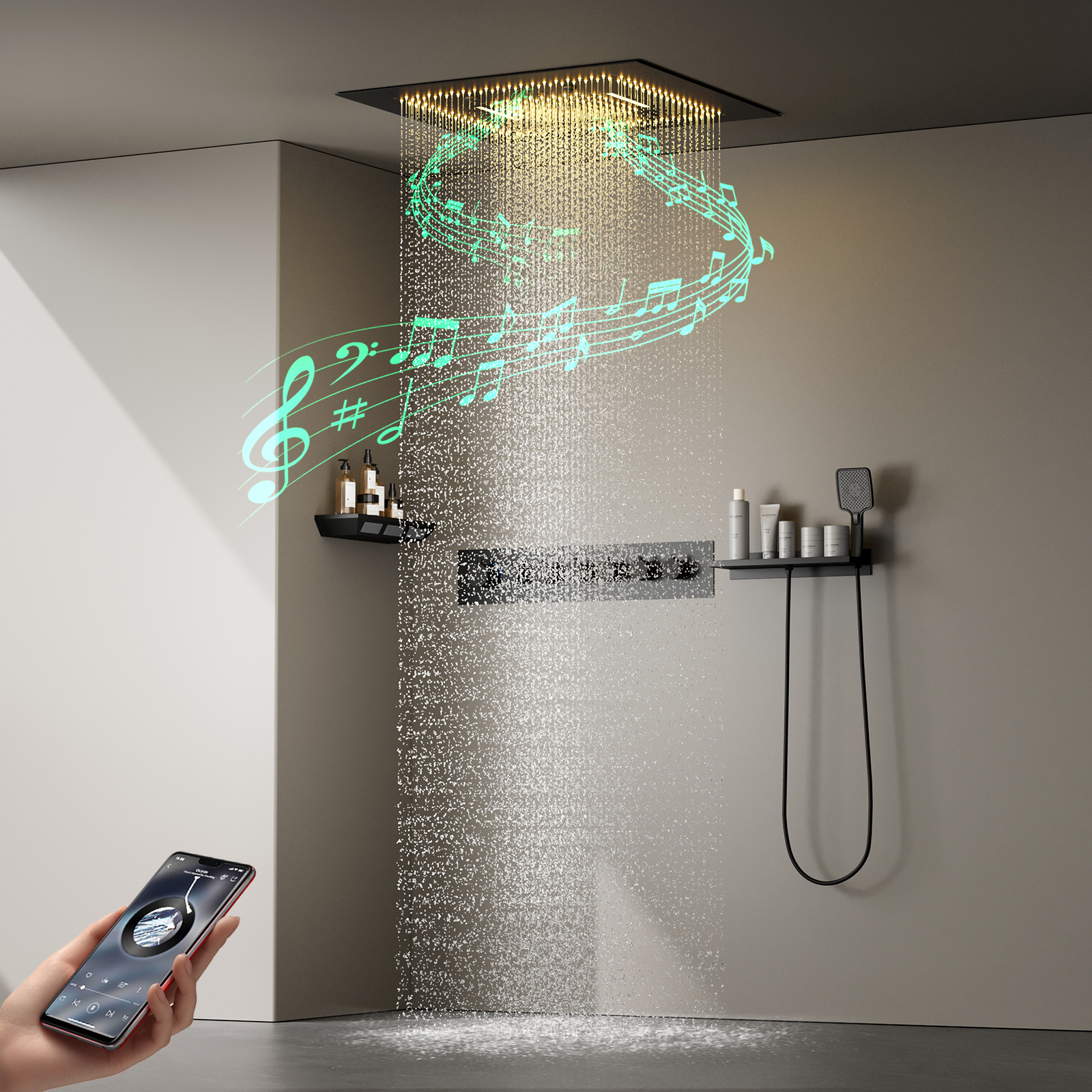 Juego de cabezal de ducha de temperatura constante LED de techo de baño de 600x600mm con Kit de grifo de ducha multifuncional de cascada de lluvia
