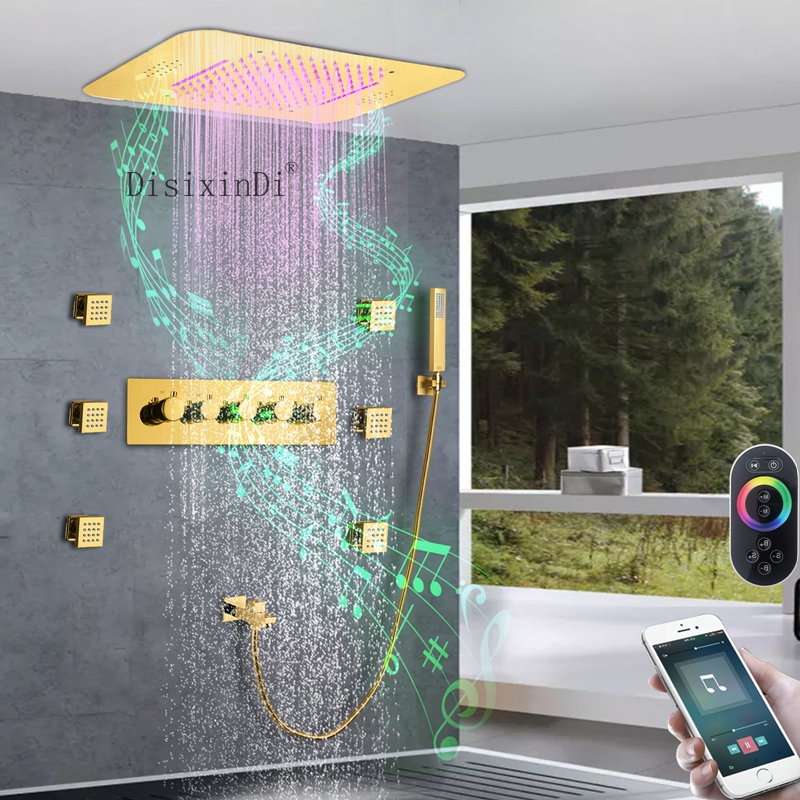 Grifo de ducha termostático LED de cascada de lluvia para baño Ti Gold con cabezal de ducha con función musical y chorro de cuerpo de ducha