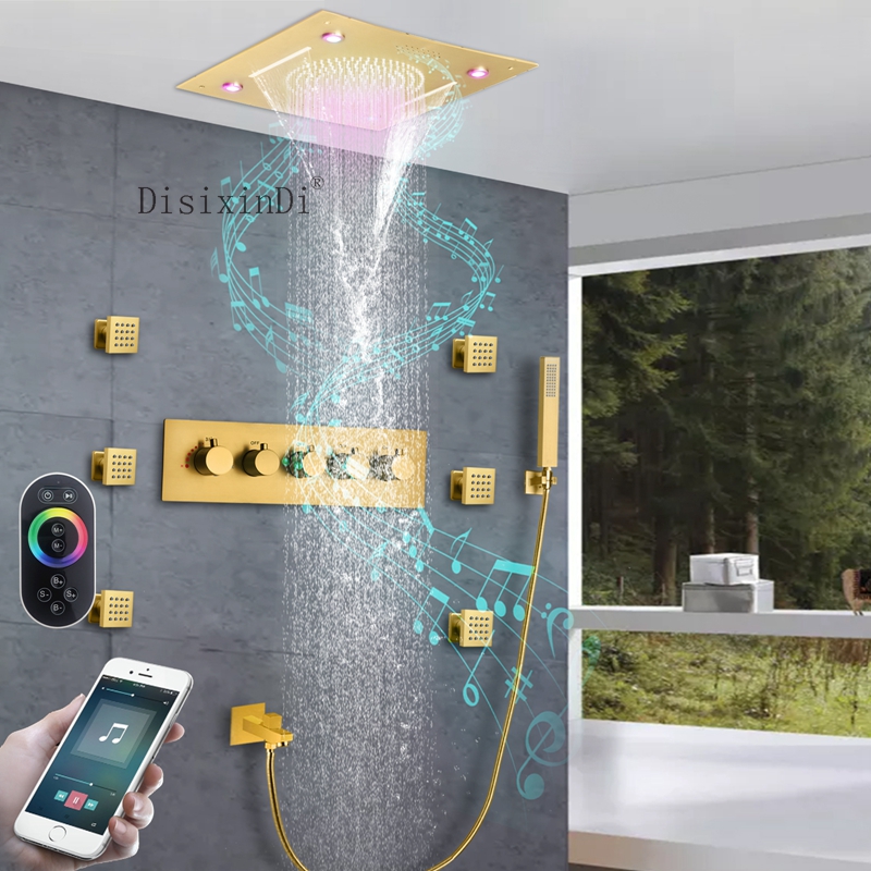 El baño y la ducha de la música del LED fijan el oro cepillado de lujo ducha principal de la lluvia de la cascada del techo de 16 pulgadas