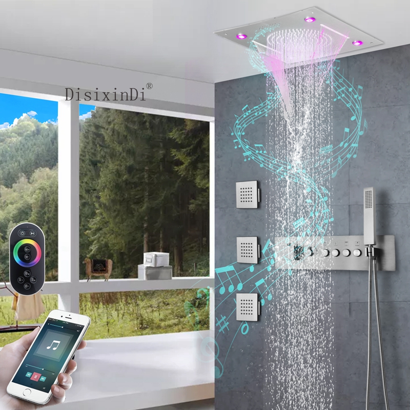 Cabezal de ducha de música LED de acero inoxidable 304, 400x400mm, botón termostático integrado para techo, juego de Grifo de ducha de baño de cuerpo principal