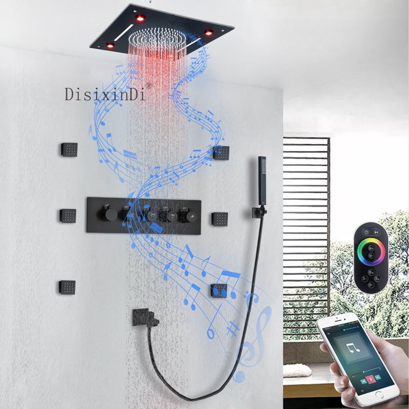 Juego de ducha empotrada en el techo, cabezal de ducha LED de 400x400mm con altavoz musical, Sistema de ducha termostático de chorro corporal de 5x5cm