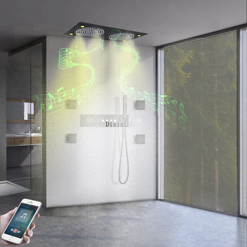 Sistema de ducha LED con música para techo, cabezal de ducha de lluvia y niebla de 25x13 pulgadas, juego de Grifo de ducha de baño termostático