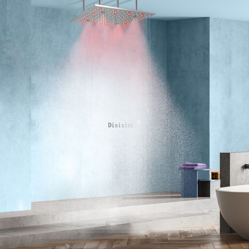 Sistema de cabezal de ducha cepillado de 16 pulgadas, mezclador de ducha de niebla de lluvia, instalación de techo LED de baño de acero inoxidable 304