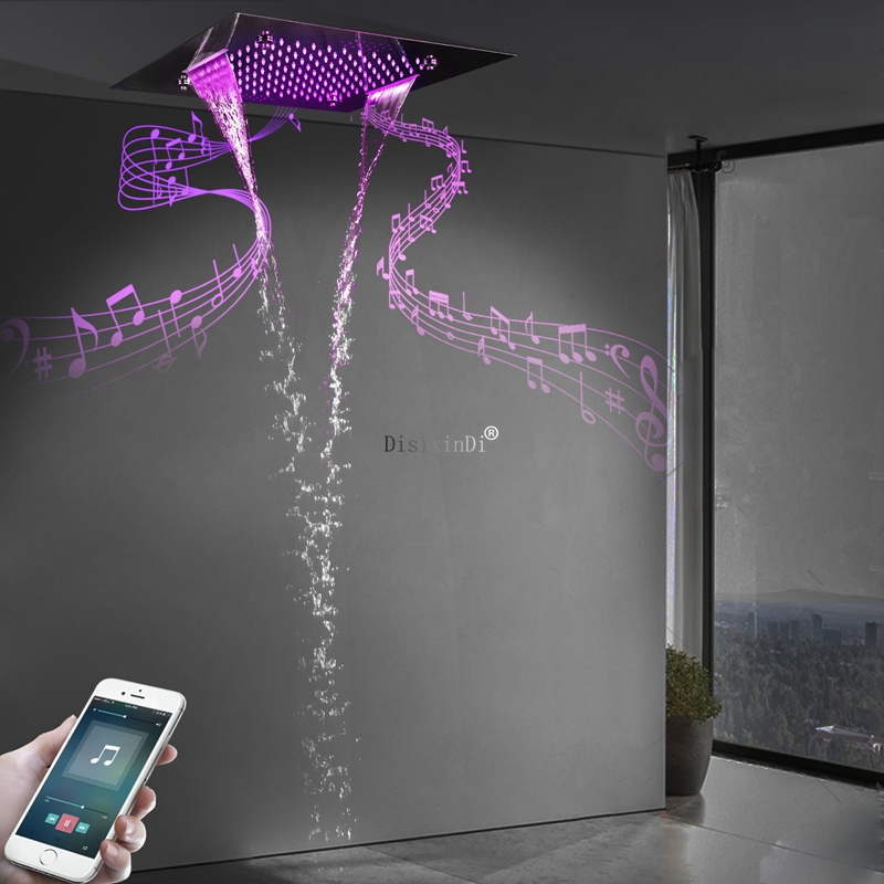 Cabezal de ducha LED cromado pulido con altavoz musical, lluvia brumosa y ducha en cascada, cabezal de ducha empotrado en techo de 20 pulgadas