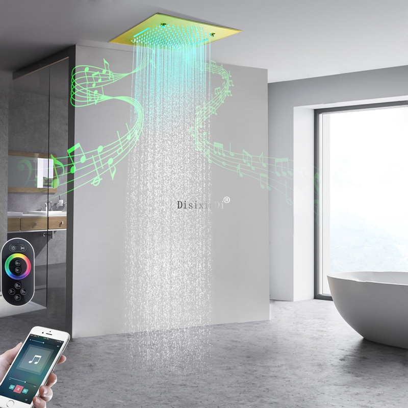 Cabezal de ducha LED de 20 pulgadas de acero inoxidable SUS304 con altavoces musicales, lluvia brumosa y cascada, sistema de ducha integrado en el techo