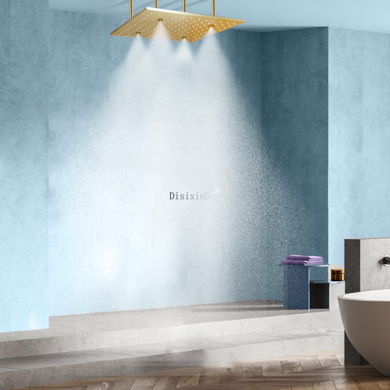 Oro pulido 400x400mm techo niebla lluvia cabezal de ducha LED 304 SUS dos funciones grifo de ducha empotrado para baño