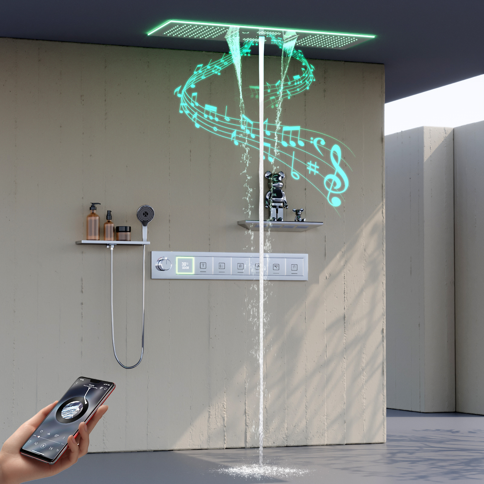 Sistema de ducha LED de 6 funciones para baño de lujo, columna de agua atomizada de 90x30cm, plato de ducha de lluvia con cabezal rociador cuadrado