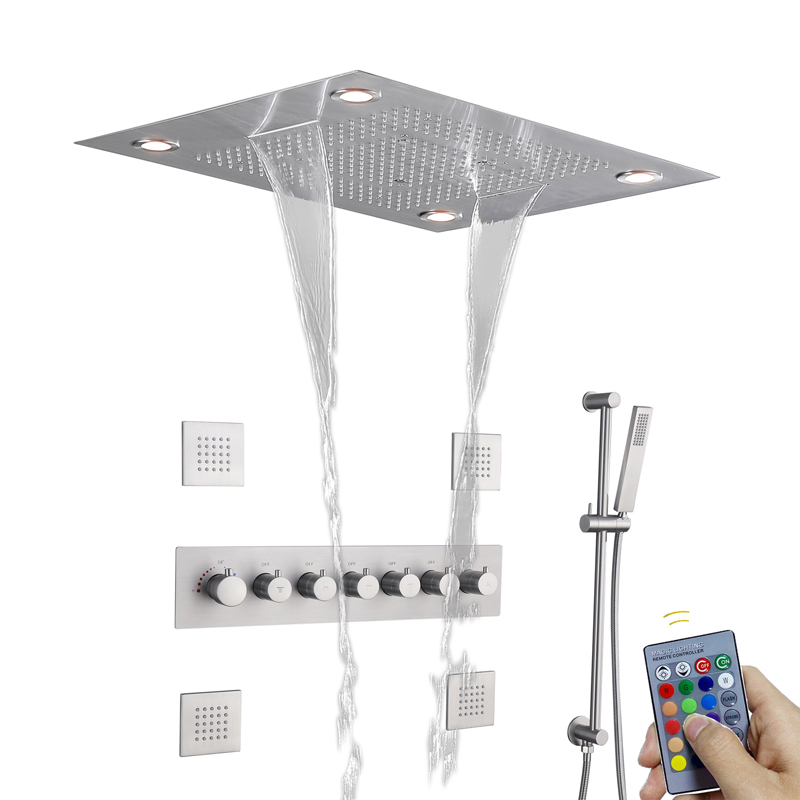 Grifo de ducha multifunción LED de níquel cepillado moderno, masaje termostático de lluvia en cascada con sujeción manual
