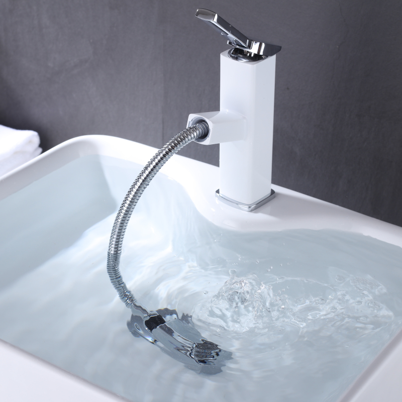 Blanco + cromo pulido de alta calidad grifo extraíble grifo de lavabo baño grifo caliente y frío fregadero