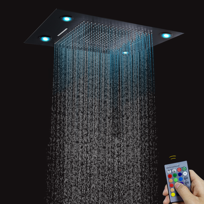 Mezclador de ducha de baño negro mate, 80x60 CM, con Control LED, Panel remoto, ducha de lluvia, cascada, atomización