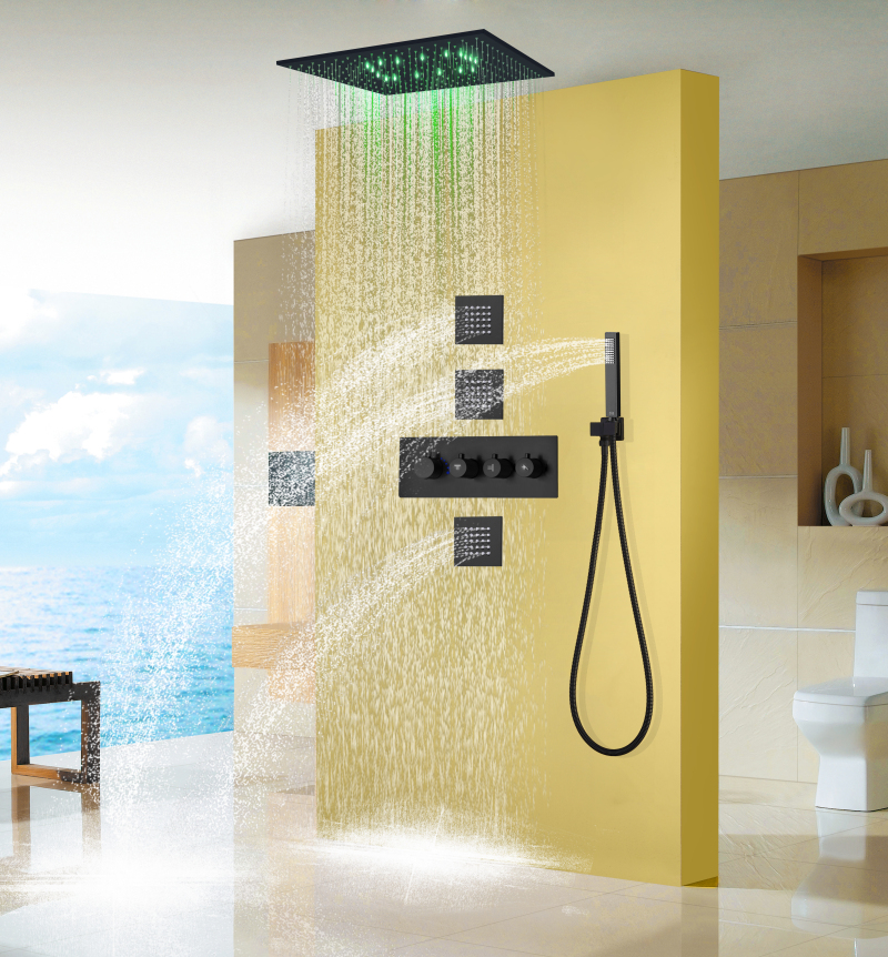 Juego de grifos de ducha termostáticos, color negro mate, LED de 20 pulgadas, ducha de techo para baño, lluvia con boquilla de mano