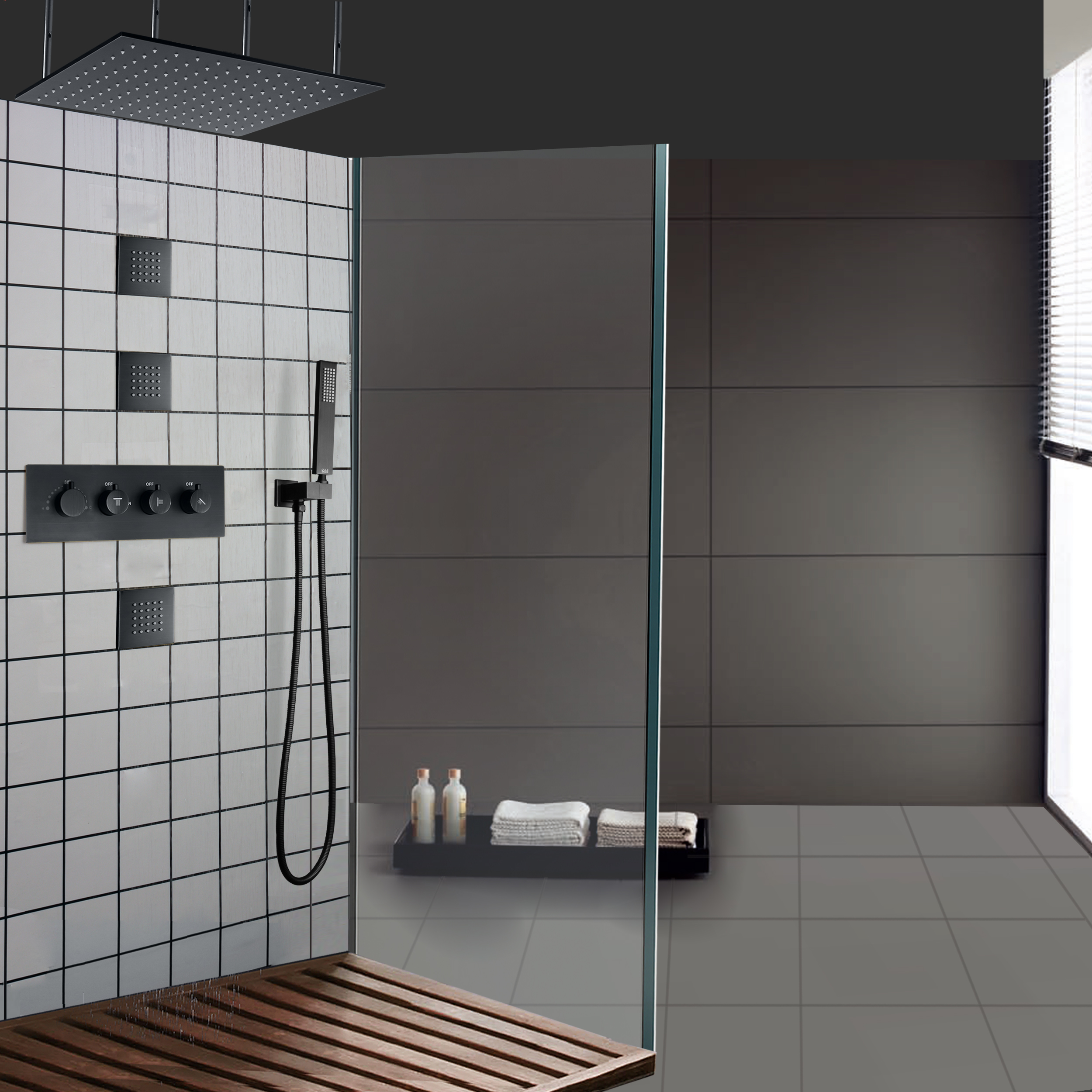 Juego de ducha de masaje de lluvia para techo de baño, grifos de ducha termostáticos LED negros mate