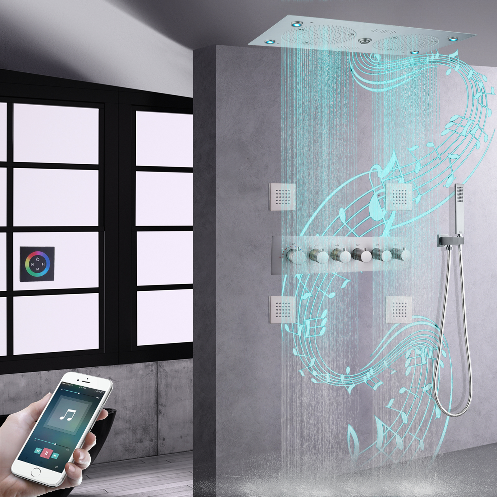 Cabezal de ducha de níquel cepillado empotrado en el techo, baño LED de 620x320mm con música, juego de grifo de ducha