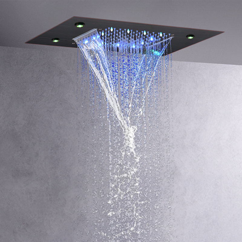 Grifo de ducha de bronce frotado con aceite, LED de 50x36 CM, cambio de temperatura de 3 colores, lluvia de cascada bifuncional para baño