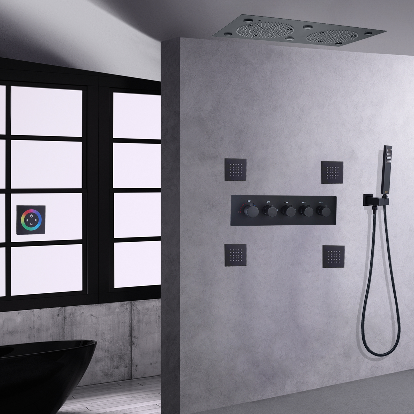 Mezclador de ducha de baño de techo empotrado de gama alta, color negro mate, ducha de masaje termostática LED de 7 colores