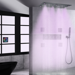 Mezclador de ducha de baño de techo empotrado de gama alta, color negro mate, ducha de masaje termostática LED de 7 colores