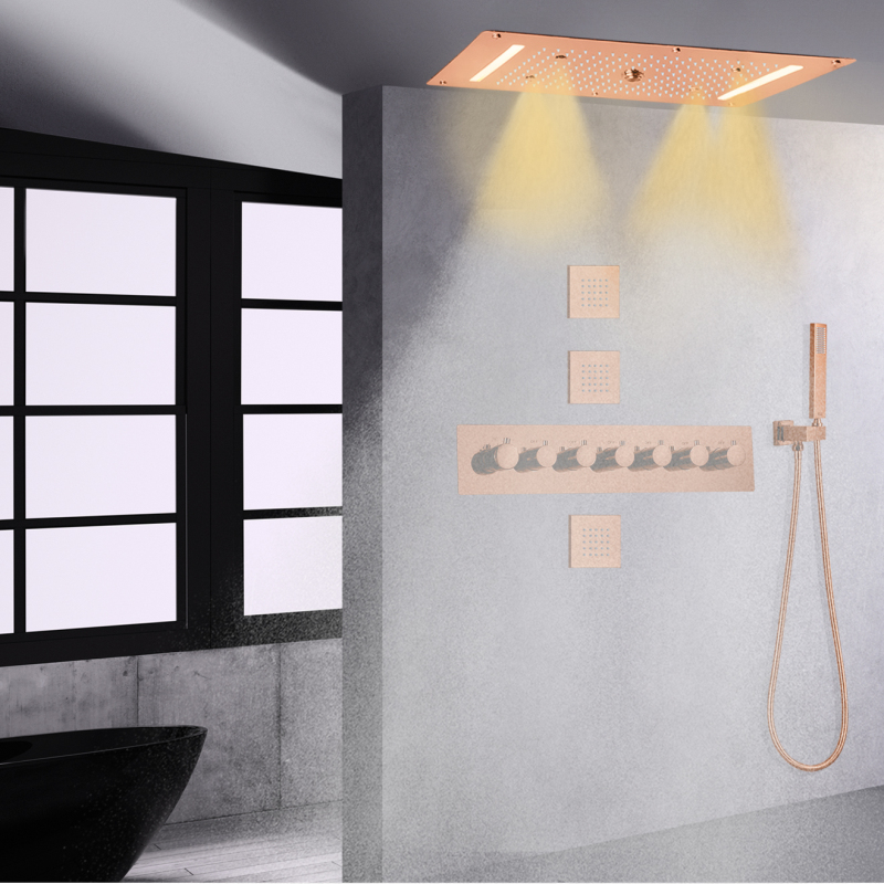 Sistema de ducha multifunción LED termostático de oro rosa, grifo de ducha de cascada y lluvia con asa de mano