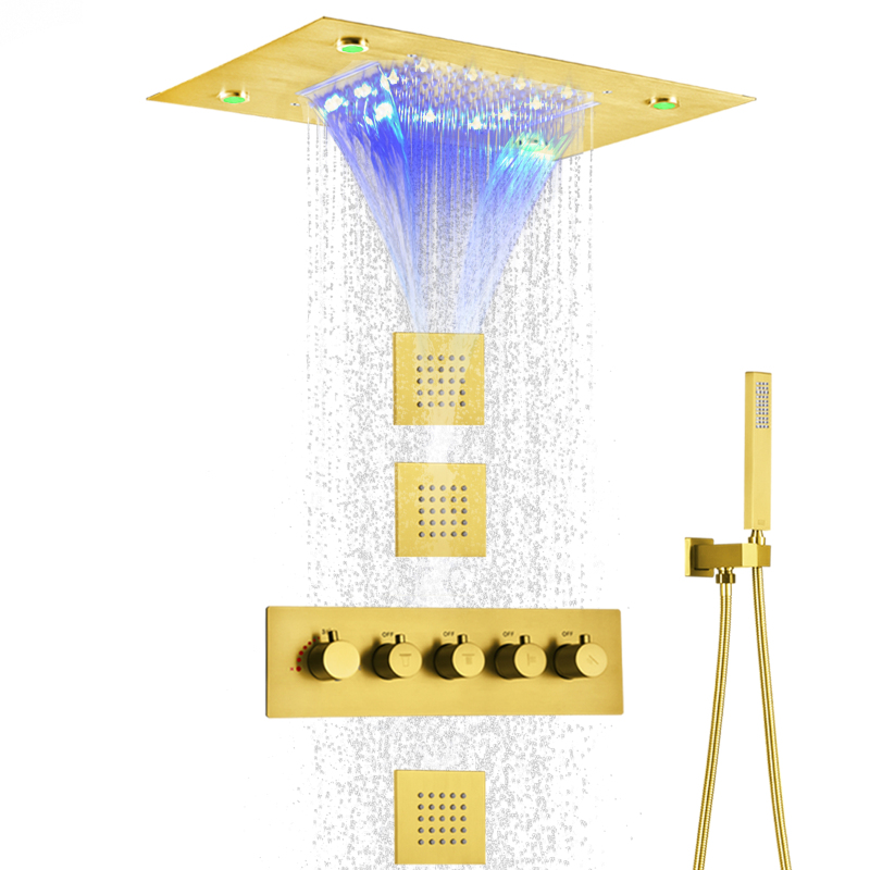 Sistema de ducha de oro cepillado ducha termostática de cascada de baño moderna de 14 x 20 pulgadas