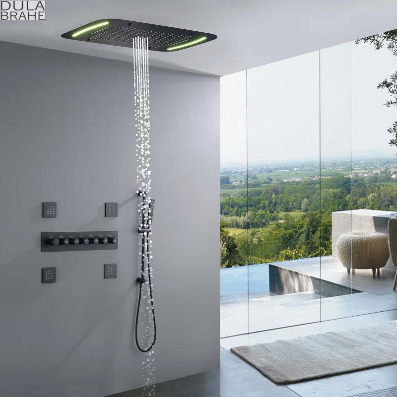 Sistema de ducha LED termostático negro mate, Panel de lluvia de cascada de baño grande de 28x17 pulgadas, masaje con chorro de agua