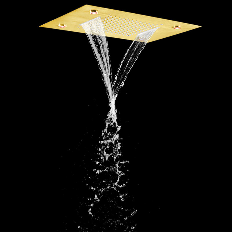 Grifo de ducha de Oro pulido, LED de 50x36 CM, cambio de temperatura de 3 colores, lluvia de cascada bifuncional para baño