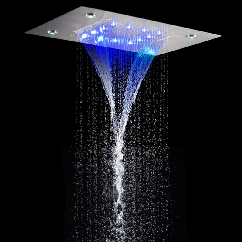 Mezclador de ducha de lluvia de 50x36 CM de níquel cepillado de moda LED 7 colores sistemas de lluvia de cascada bifuncionales para baño