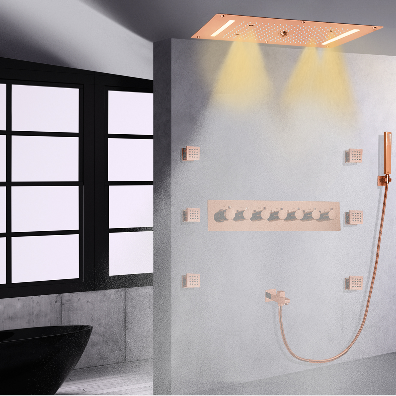 Mezclador de ducha de baño de lujo, oro rosa, LED, termostático, ducha de alto flujo, cascada, lluvia