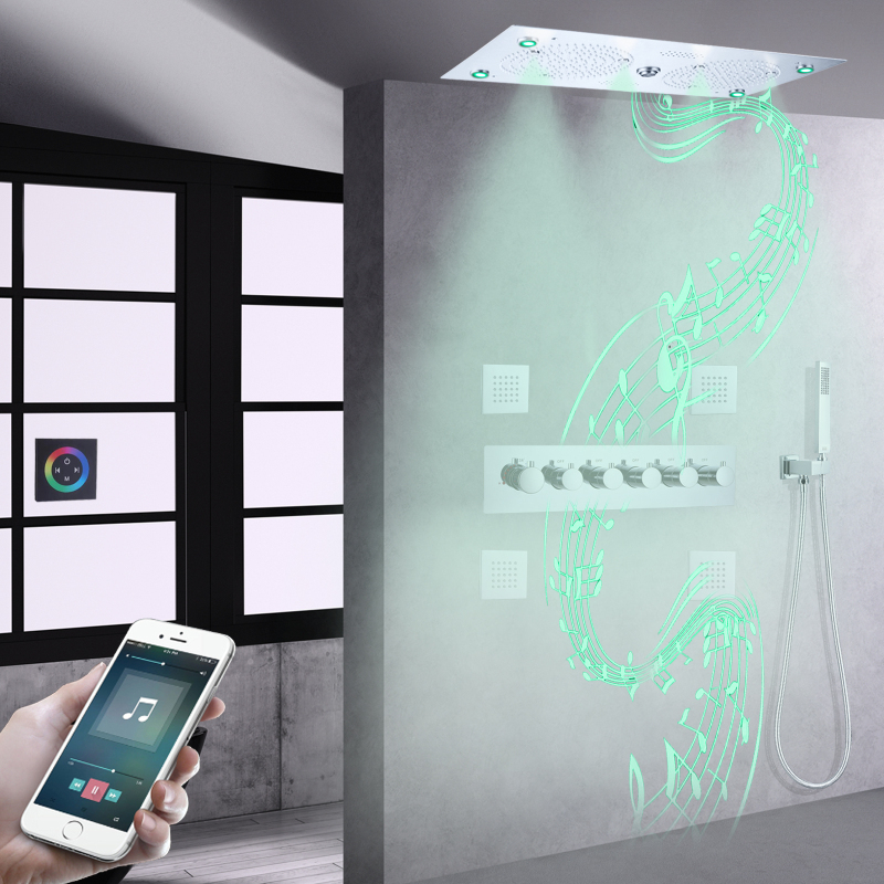 Juego de grifería de ducha 620*320mm LED termostático baño con música características sistema de ducha cromado pulido con mano