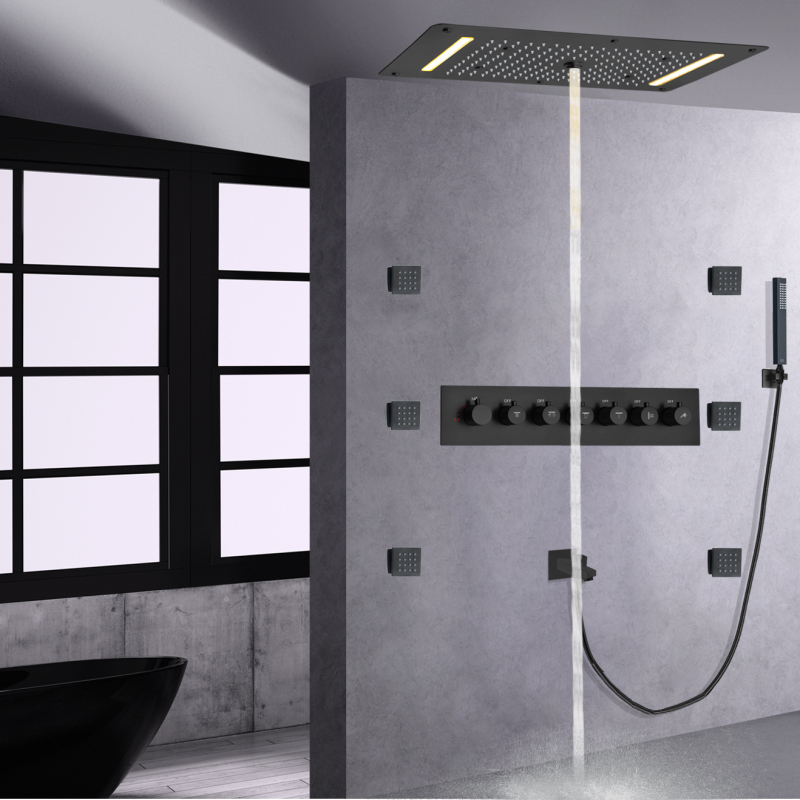 Sistema de ducha negro mate, juego de ducha multifunción termostática LED para baño de 70x38 CM con mano