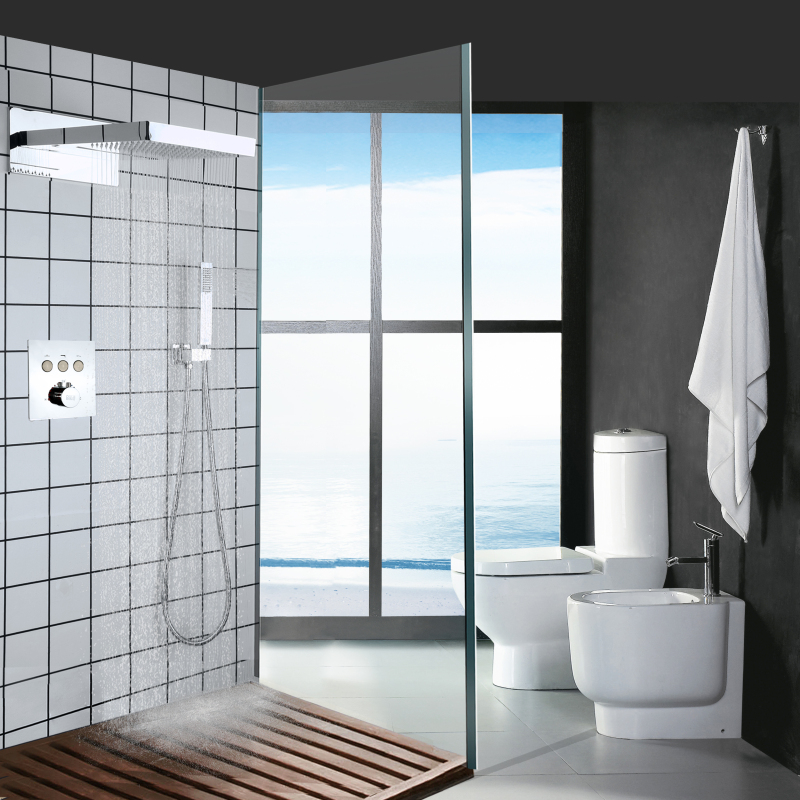 Mezclador de ducha termostático pulido cromado, sistema de ducha con botón de presión en cascada de 50x23cm, juego de grifo de ducha de baño
