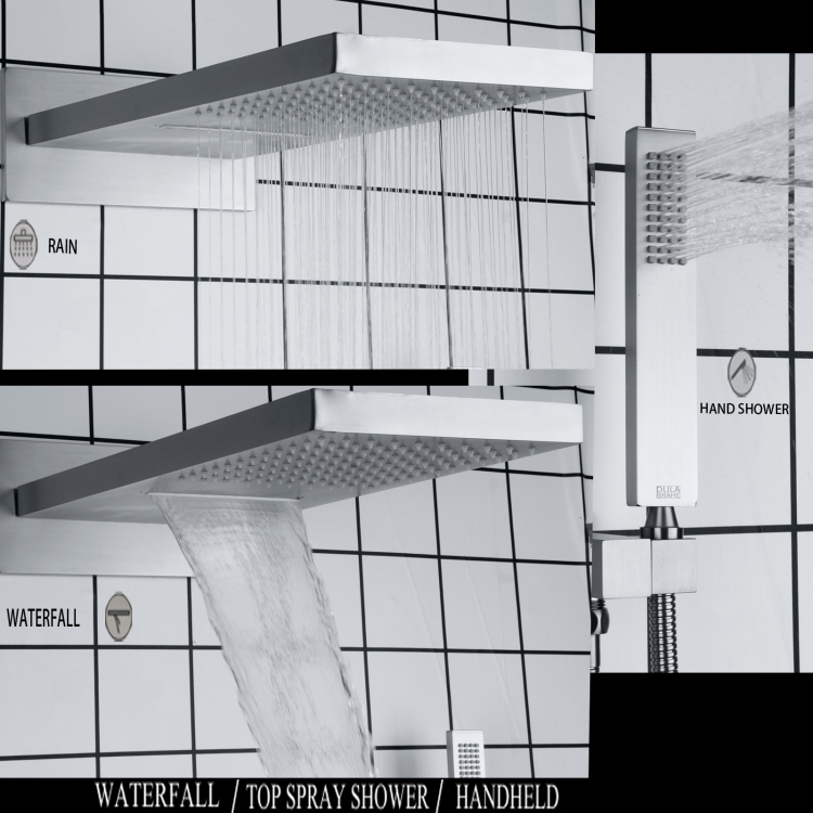 Sistema de ducha de lluvia de níquel cepillado, juego de grifo de lluvia para baño, cabezal de ducha de 50x23 CM con mano fría y caliente