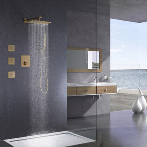 Grifo de ducha de oro cepillado baño termostático techo lluvia presión ducha de mano