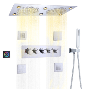 Juego de ducha de baño pulido cromado, mezclador de ducha oculto multifunción termostático LED de 24x12 pulgadas