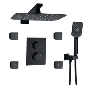 Mezclador de ducha contemporáneo negro mate, cabezal de ducha termostático de 30x20 cm con sistema de ducha de mano de latón negro