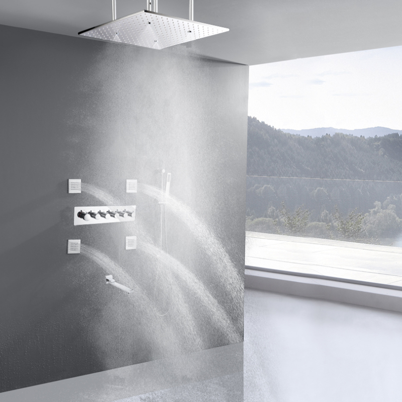 Juego de ducha de baño termostático pulido cromado, ducha de 20 pulgadas, lluvia atomizadora, LED, Spa, sistema de ducha montado en el techo