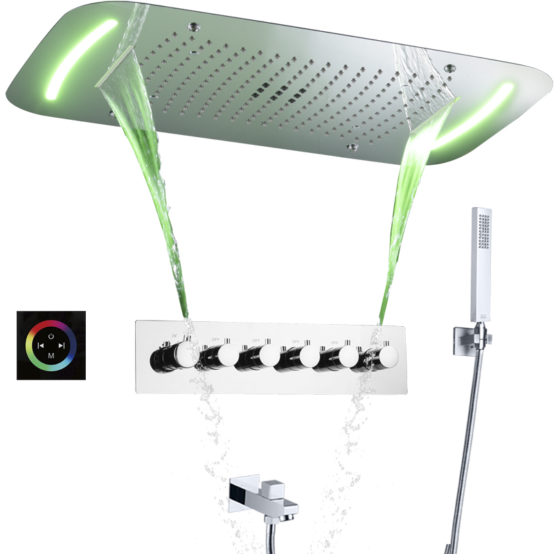 Cabezal de ducha de lluvia en cascada multifunción termostático Rectangular, luz de LED de techo empotrada, grifo de ducha de baño