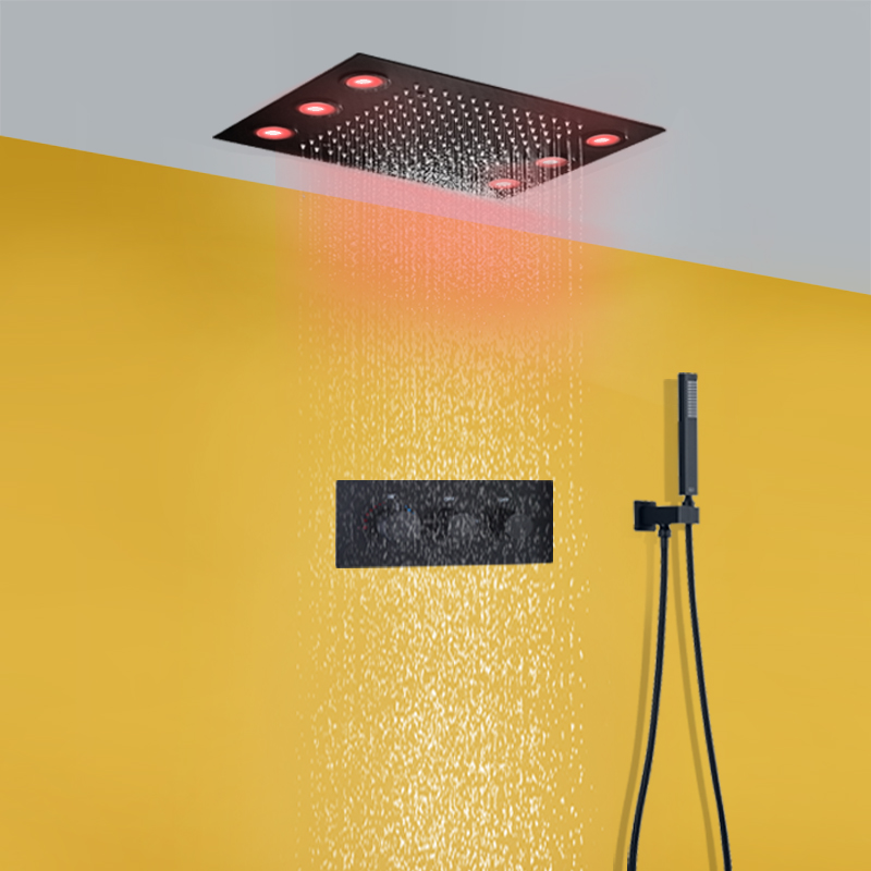 Negro mate 360x500 MM LED techo ducha de lluvia cabezal de ducha empotrado termostático dos funciones juego de mezclador de ducha
