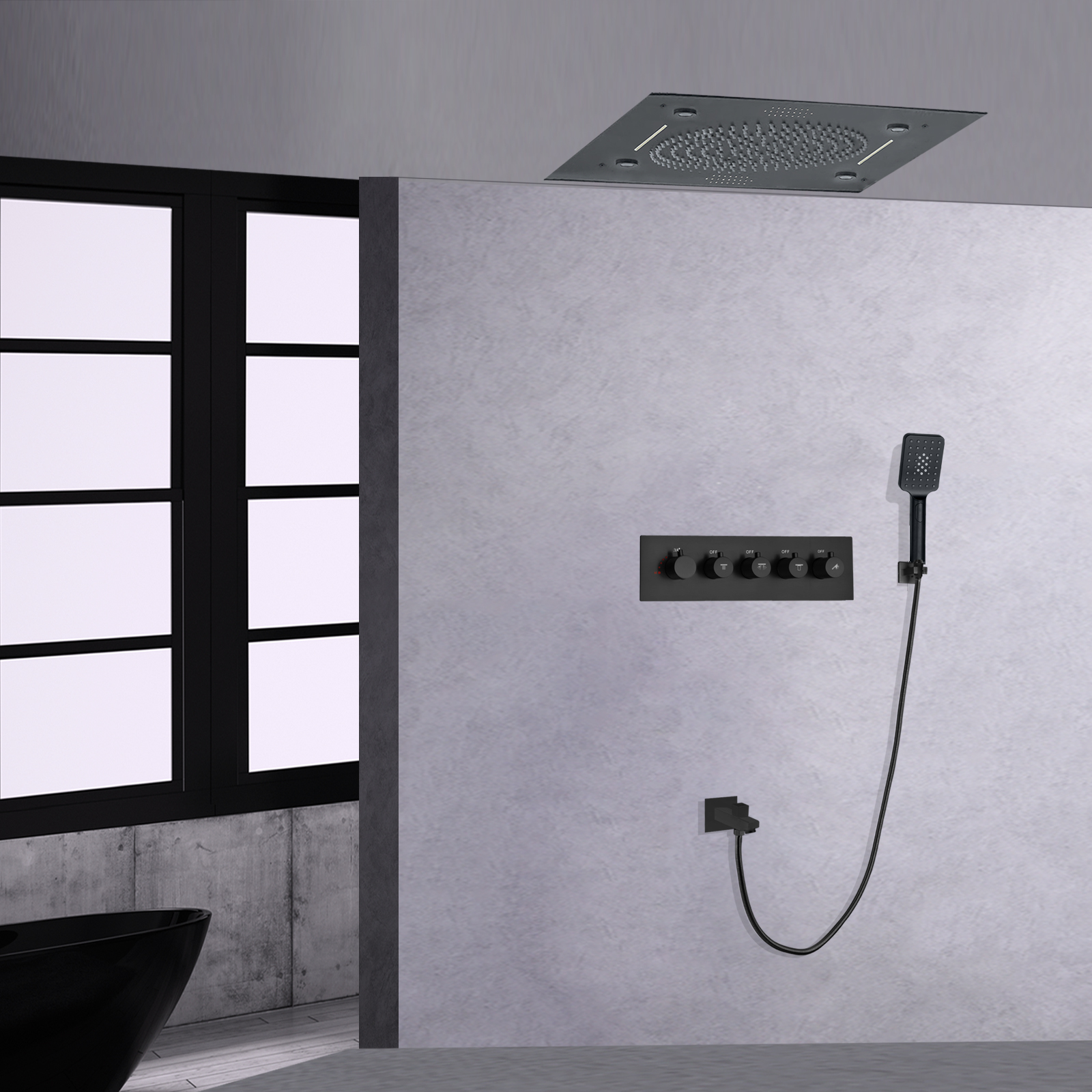 Juego de ducha termostática de 24 pulgadas para baño, techo oculto, lluvia 304sus, cascada, música, cabezal de ducha LED para juego de masaje