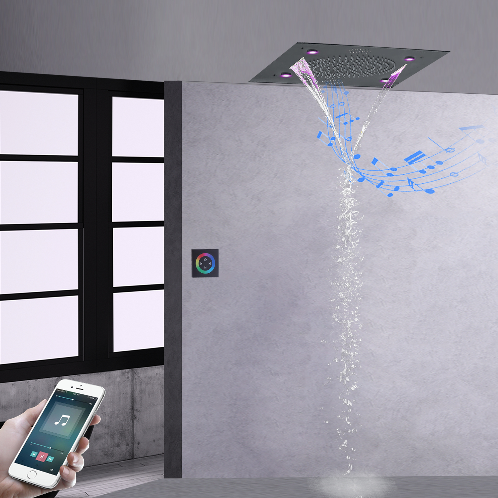 Música inteligente cabezal de ducha multifunción lluvia niebla cascada cortina de agua Control remoto LED ducha de baño